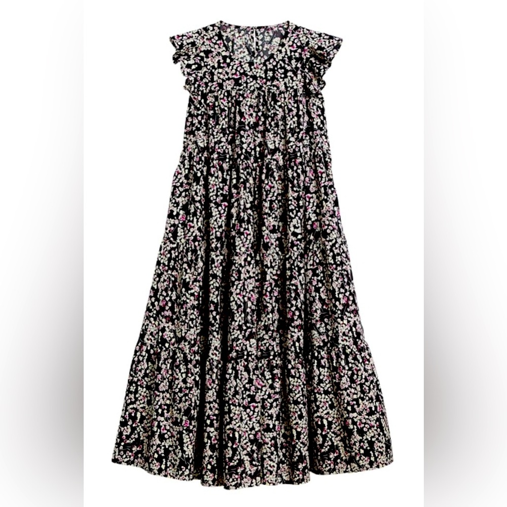 Banana Republic Poplin Cotton Tiered Floral Dress-NWT- Black/Pink- Size SMALL - Picture 1 of 12